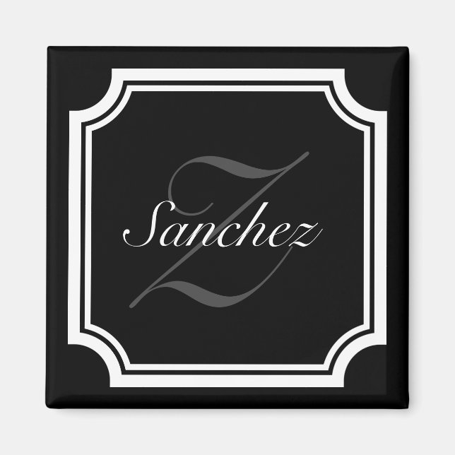 Glamourous black and white name monogram fridge magnet (Front)