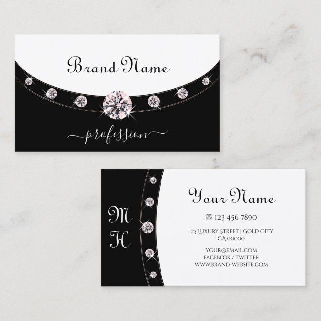 Glamourous Black and White Rose Gold with Initials Business Card (Front/Back)
