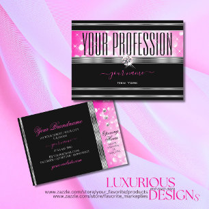 Glamourous Black Girly Pink Glitter Diamonds Silve Business Card
