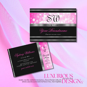 Glamourous Black Girly Pink Glitter Initials Silve Business Card