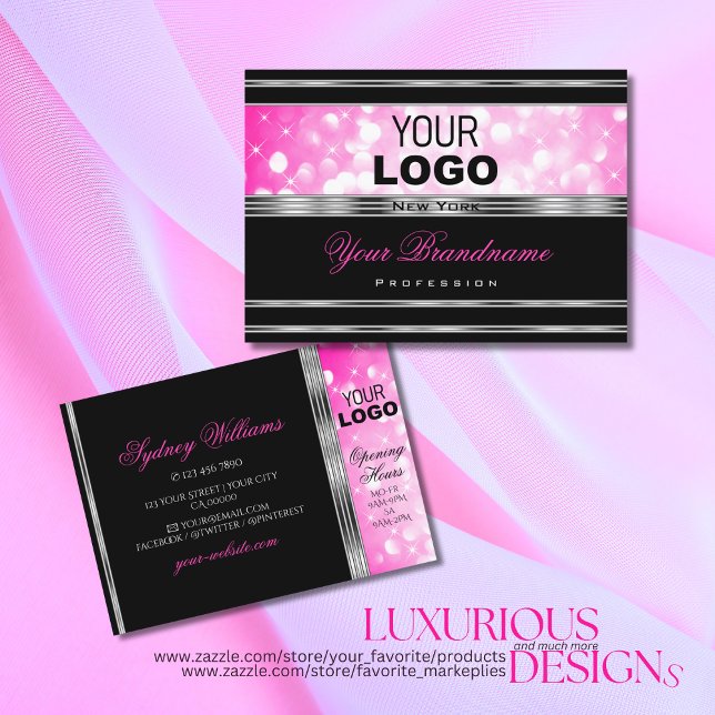 Glamourous Black Girly Pink Glitter Logo Silver Business Card (Creator Uploaded)