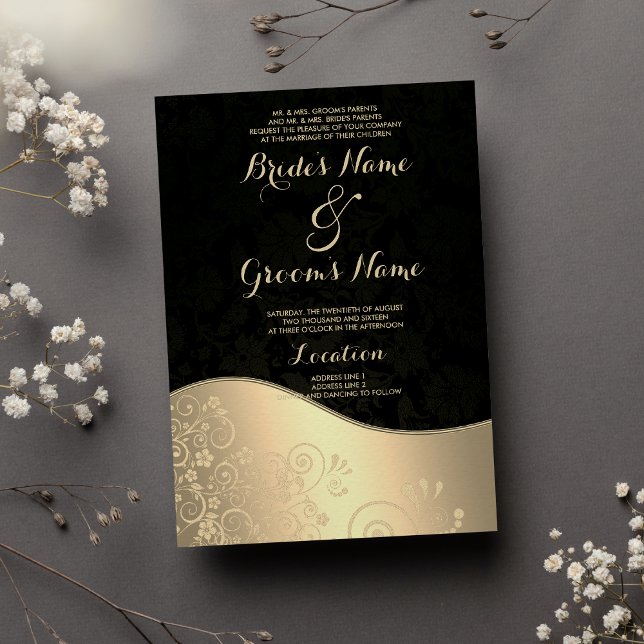 Glamourous Black Gold Floral Damask Chic Wedding  Invitation (Glamorous Black Gold Floral Damask Chic Wedding )