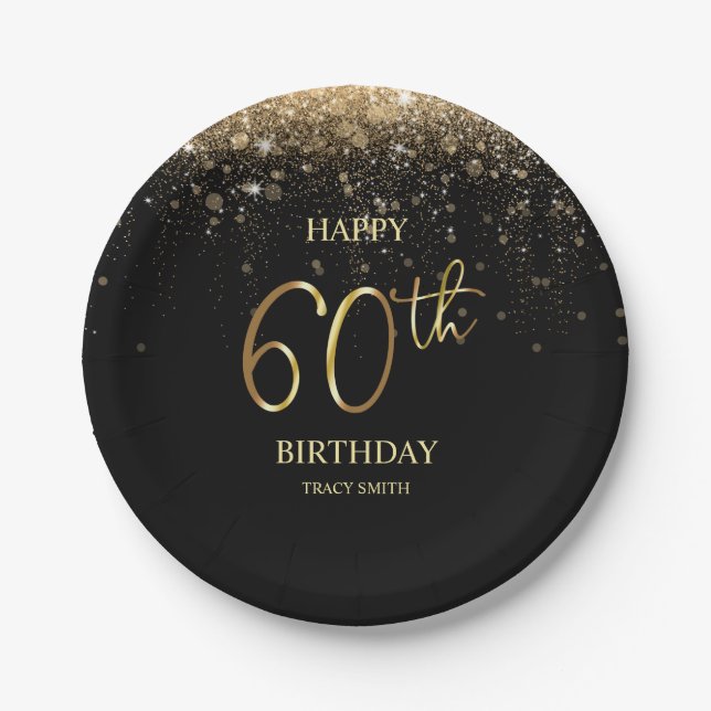 Glamourous Black Gold Glitter 60th Birthday Paper  Plate (Front)