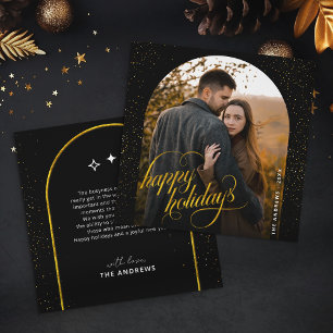 Glamourous Black & Gold Glitter  Holiday Arch Phot Card