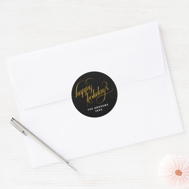 Glamourous Black & Gold Glitter  Holiday Arch Phot Classic Round Sticker (Envelope)