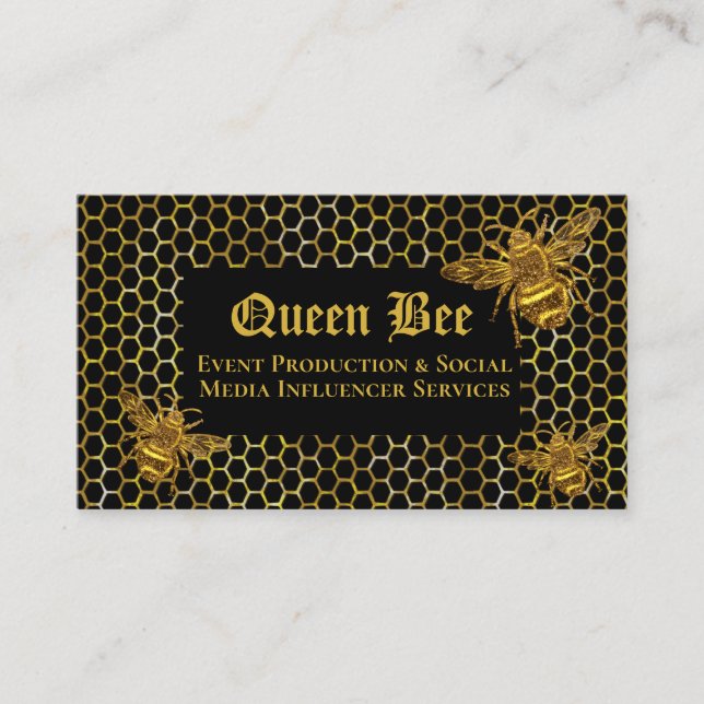 Glamourous Black Gold Queen Bee Events Influencer  Business Card (Front)