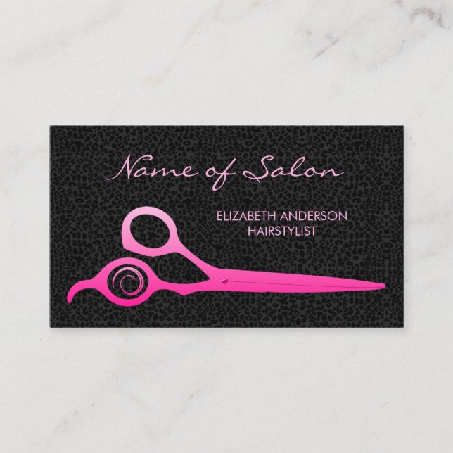 Glamourous Black Leopard Pink Hairstylist Scissors Business Card (Front)