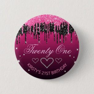Glamourous Black & Pink Dripping Glitter Birthday 6 Cm Round Badge