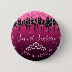 Glamourous Black & Pink Dripping Glitter Sweet 16 6 Cm Round Badge