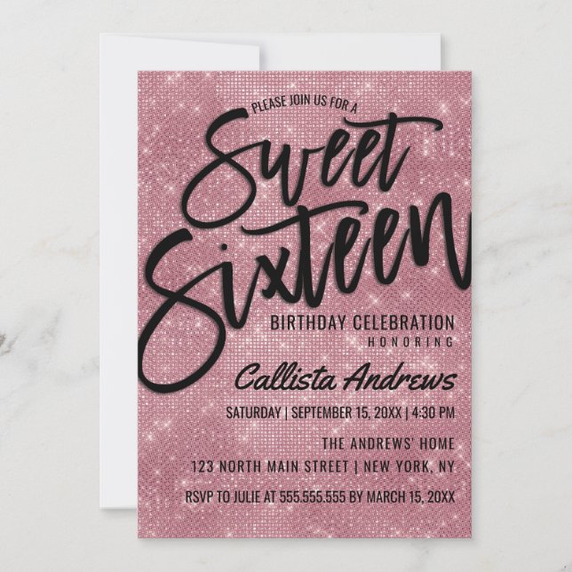Glamourous Black Pink Glitter Sequins Sweet 16 Invitation (Front)