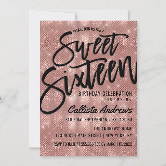 Glamourous Black Rose Gold Glitter Sequins Sweet 1 Invitation (Front)