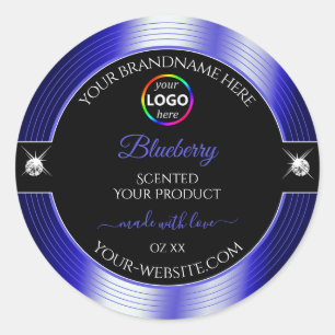 Glamourous Black Shiny Blue with Logo Product Labe Classic Round Sticker