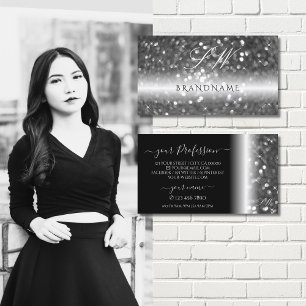 Glamourous Black Silver Sparkling Glitter Initials Business Card