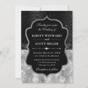 Glamourous Black Silver Tropical Leaves Wedding Invitation
