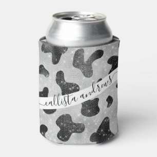 Glamourous Black Sparkly Glitter Sequins Cow Print Can Cooler
