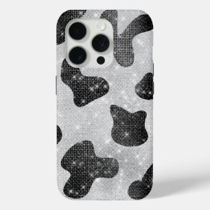 Glamourous Black Sparkly Glitter Sequins Cow Print iPhone 15 Pro Case