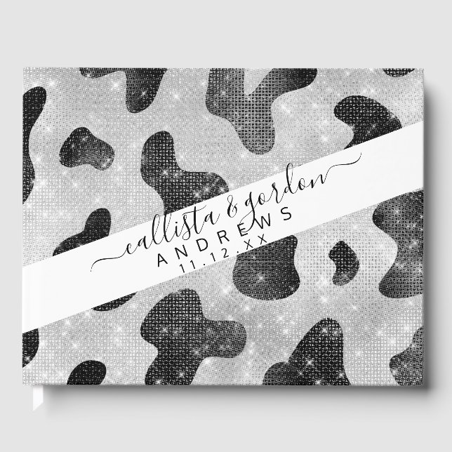 Glamourous Black Sparkly Glitter Sequins Cow Print Guest Book (Front)