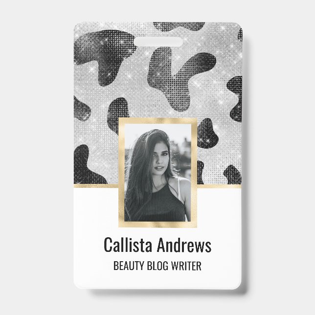 Glamourous Black Sparkly Glitter Sequins Cow Print ID Badge (Front)