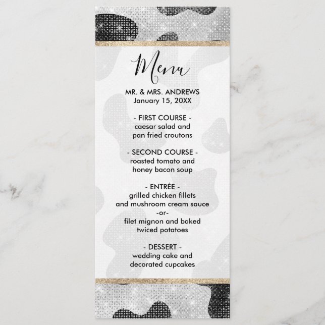 Glamourous Black Sparkly Glitter Sequins Cow Print Menu (Front)