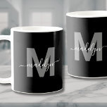 Glamourous Black White Name Monogram Coffee Mug<br><div class="desc">Personalised Modern Black And White Initial Script Name Monogram Coffee Mug. This sleek monogram mug combines a modern minimalist style with a simple yet stylish look, perfect for any coffee or tea lover. Featuring a bold grey initial on a black background and a white script name, this mug has the...</div>