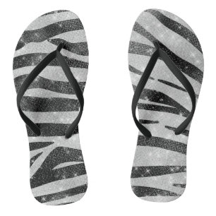 Glamourous Black White Sparkly Glitter Zebra Strip Jandals