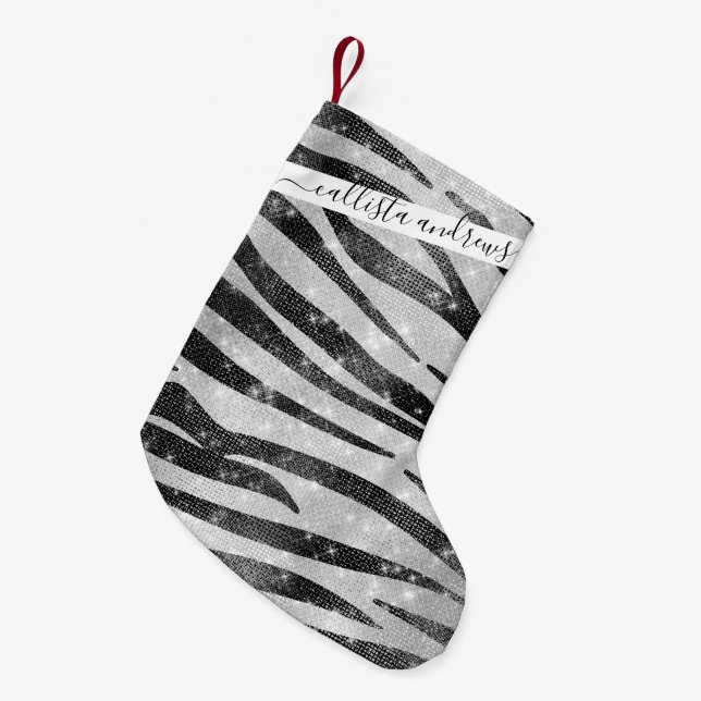 Glamourous Black White Sparkly Glitter Zebra Strip Small Christmas Stocking (Front (Hanging))