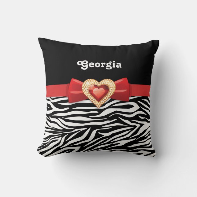 Glamourous Black white zebra print, red bow & jewe Cushion (Front)