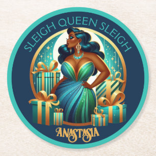 Glamourous Black Woman Festive Stylish Christmas Round Paper Coaster
