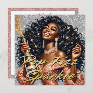 Glamourous Black Woman Popping Champagne New Year’ Card