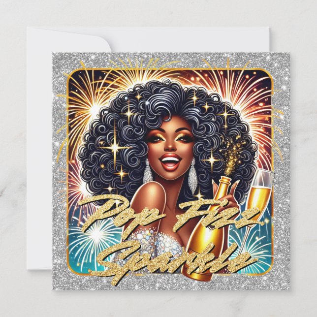 Glamourous Black Woman Popping Champagne New Year’ Card (Front)