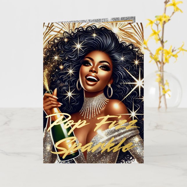Glamourous Black Woman Popping Champagne NYE Foil Greeting Card (Yellow Flower)