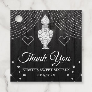 Glamourous Black Wood & Pefume Bottle Sweet 16 Favour Tags