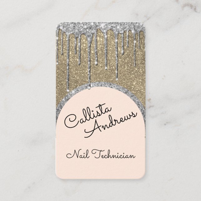 Glamourous Bling Champagne Glitter Drip Nail Tech Business Card (Front)