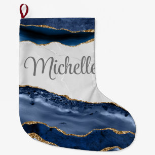 Glamourous Blue Agate on Marble with Gold Large Christmas Stocking
