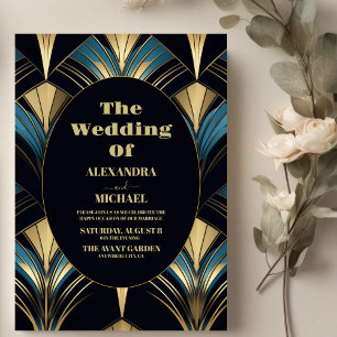 Glamourous Blue and Gold Art Deco Wedding  Invitation