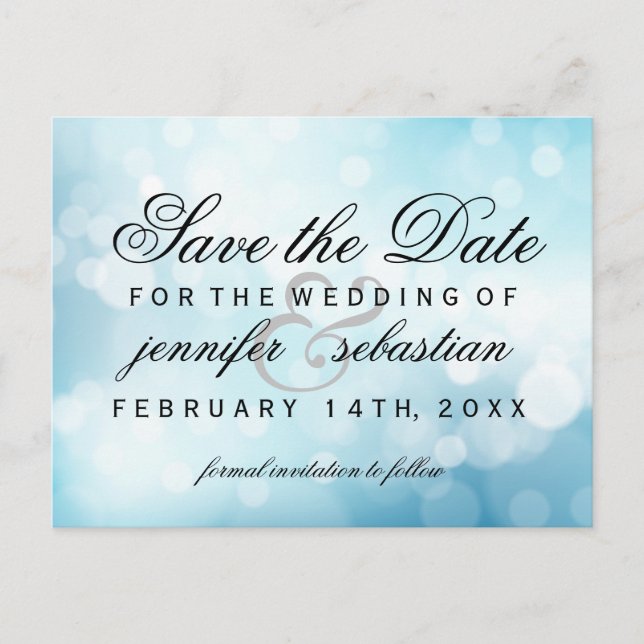 Glamourous Blue Bokeh Light  Wedding Postcard (Front)