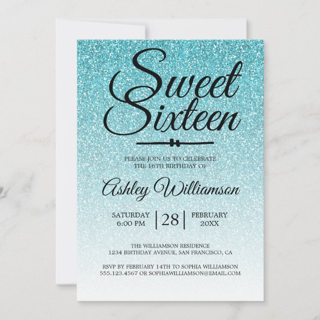 Glamourous Blue Glitter Ombre Sweet 16 Birthday Invitation (Front)