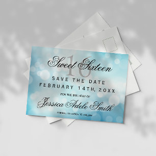 Glamourous Blue Glitter  Sweet 16 save the date Postcard