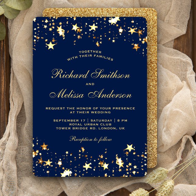 Glamourous Blue Gold Faux Glitter Stars Wedding Invitation (Creator Uploaded)