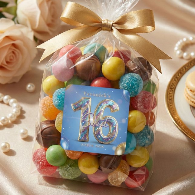 Glamourous Blue Gold Glitter Balloons Sweet 16 Square Sticker (Creator Uploaded)