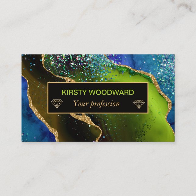 Glamourous Blue & Green Faux Gold Glitter Agate  Business Card (Front)