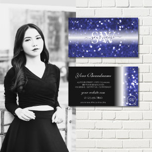 Glamourous Blue Sparkling Glitter Stars Initials Business Card