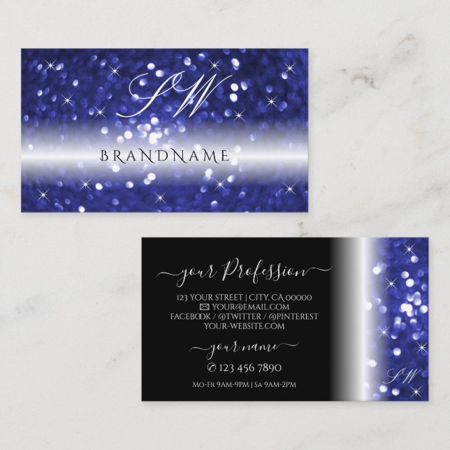 Glamourous Blue Sparkling Glitter Stars Monogram Business Card (Front/Back)