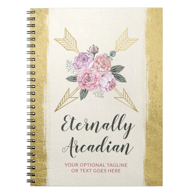 Glamourous Bohemian Floral Arrows Gold Boho Chic Notebook (Front)