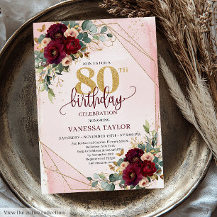 Glamourous Boho Burgundy Gold Roses 80th Birthday  Invitation