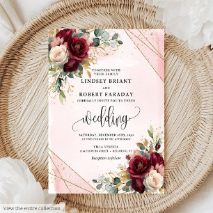 Glamourous Boho Deep Red Gold Blush Roses Wedding  Invitation