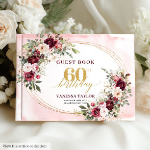 Glamourous Boho Marsala Floral Gold 60th Birthday  Guest Book