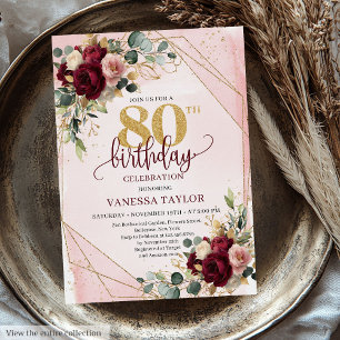 Glamourous boho marsala gold flowers 80th birthday invitation