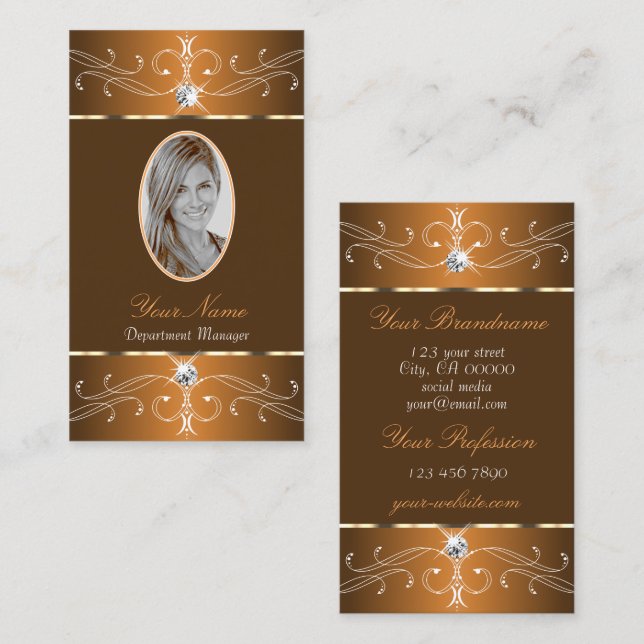 Glamourous Brown Orange Ornate Ornaments with Phot Business Card (Front/Back)