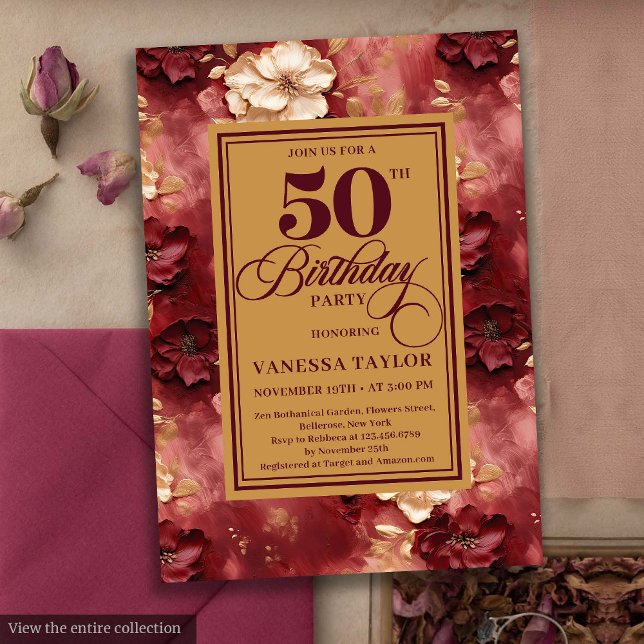 Glamourous burgundy blush gold roses 50th birthday invitation (Glamorous burgundy blush gold roses 50th birthday card

)
